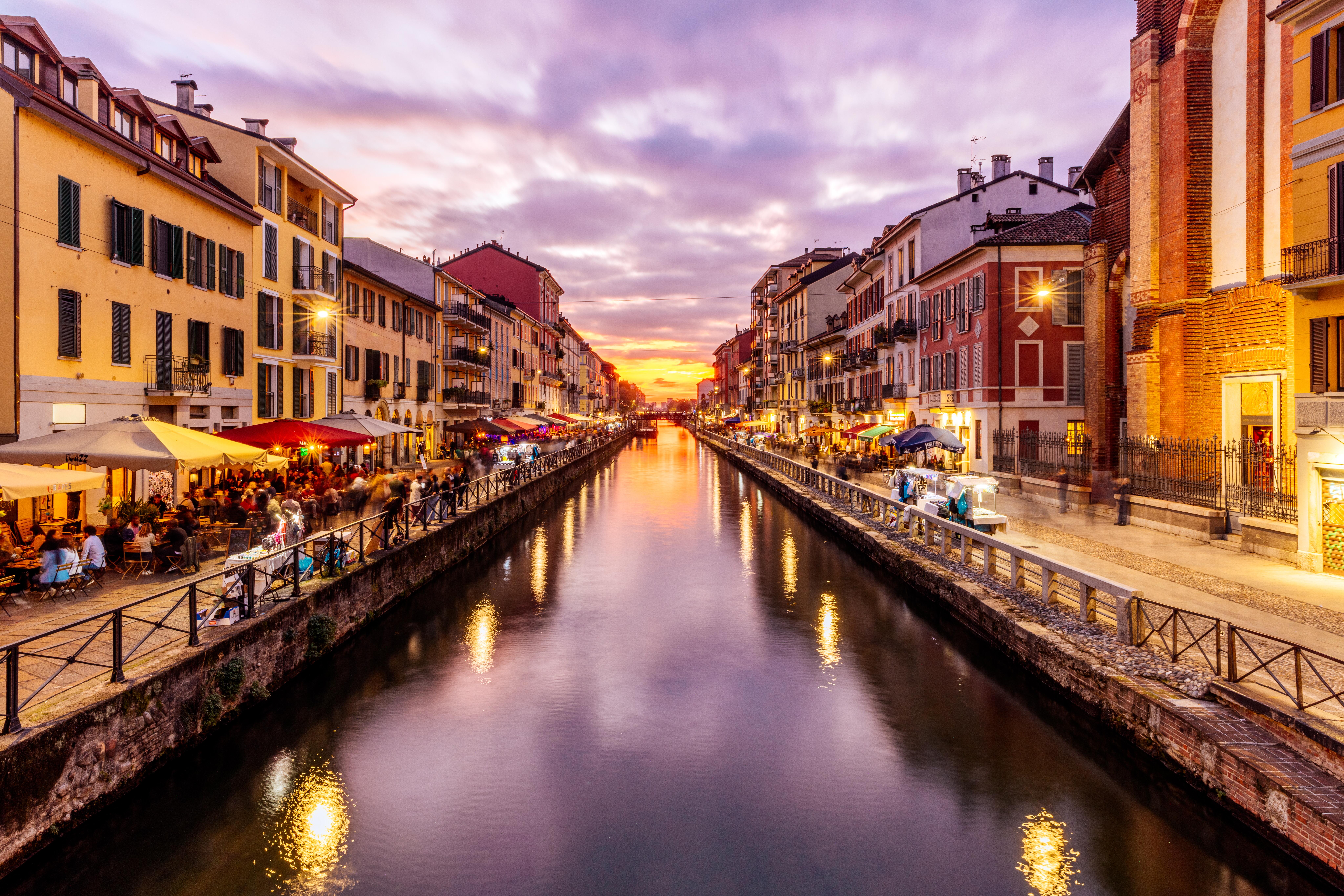 Photo of the Navigli District in Milan Italy at night