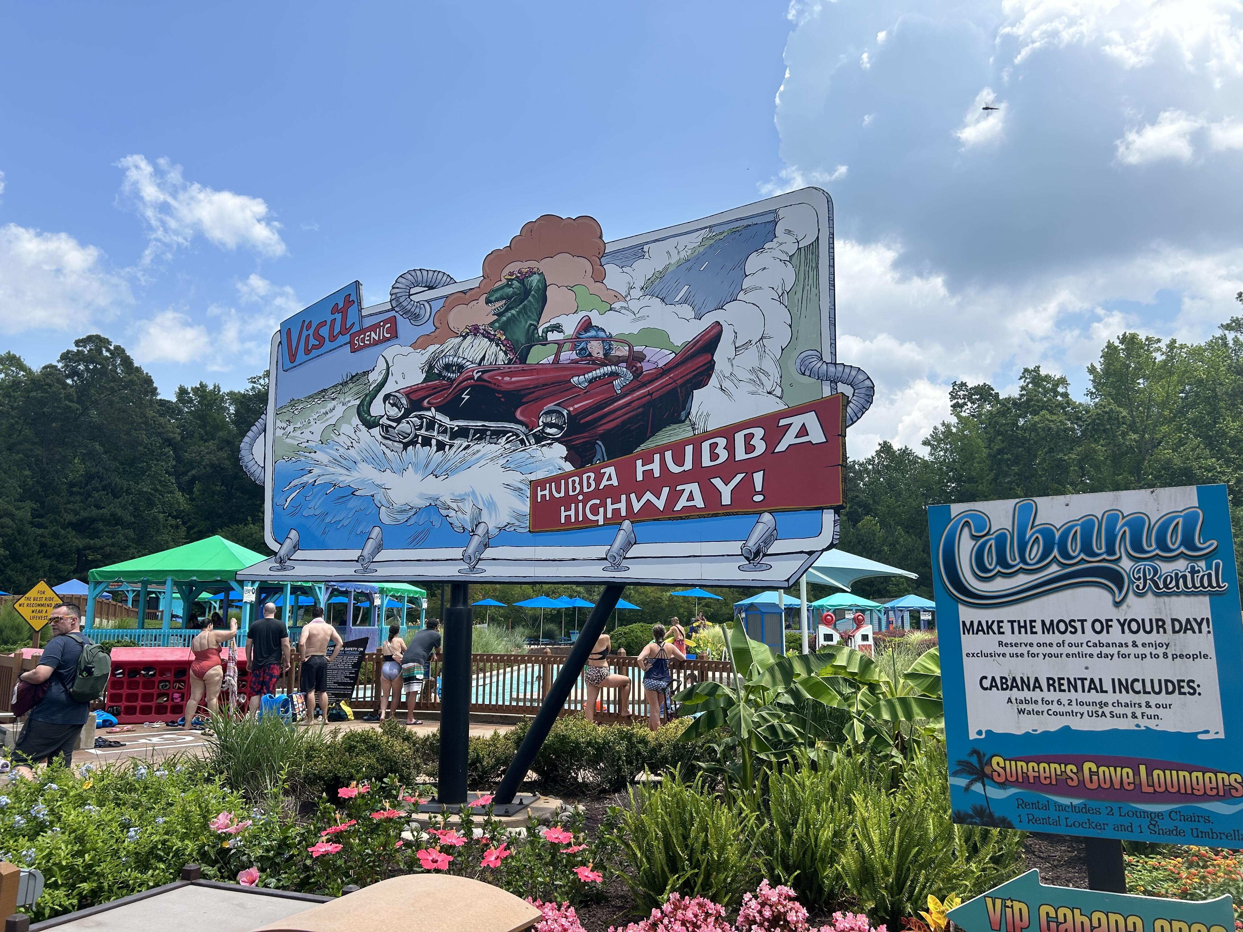 Image of a sign for "Hubba Hubba Highway", a lazy river in Water Country USA