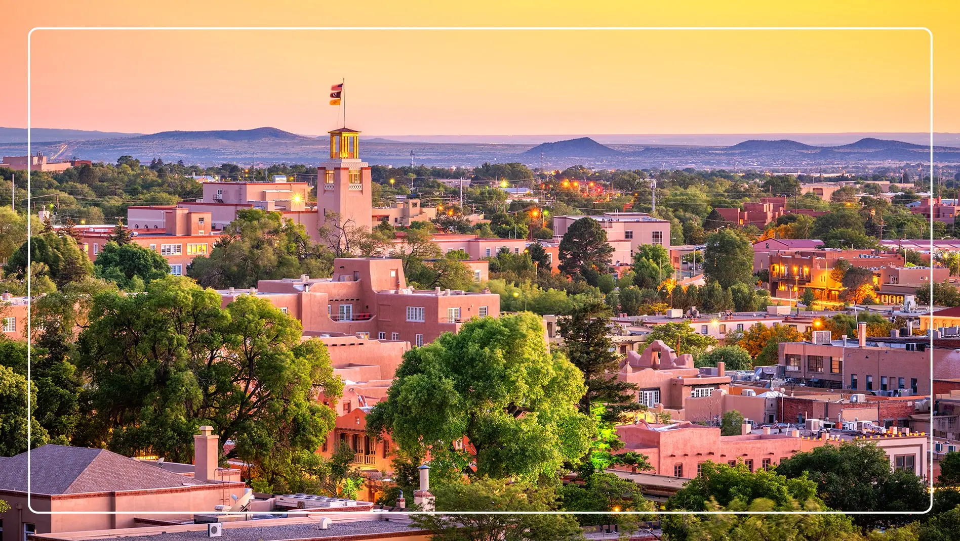 A view of downtown Sante Fe, New Mexico at sunset.