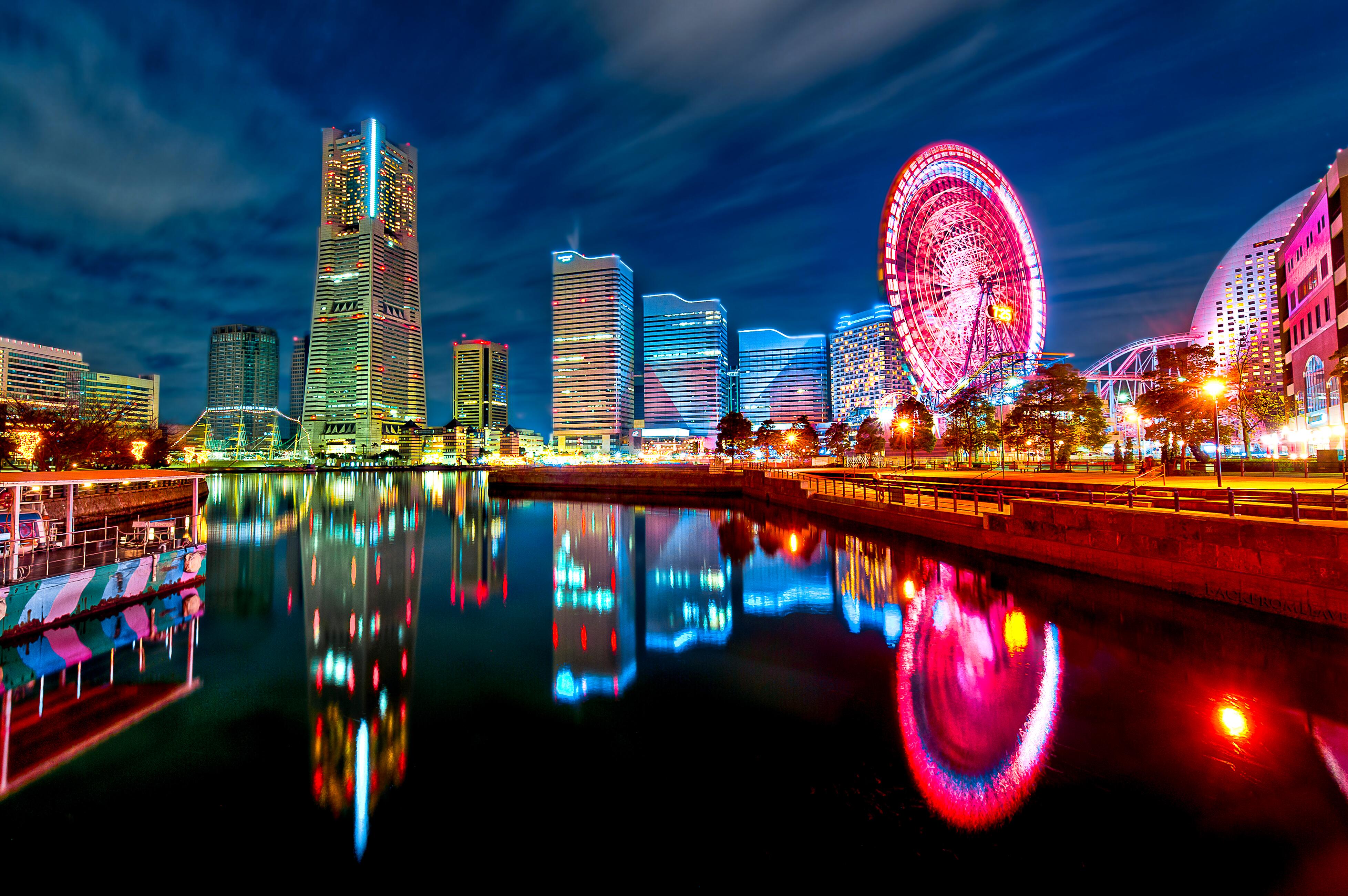 Minato Mirai 21 reflected in the waters near the Port of Yokohama in the evening