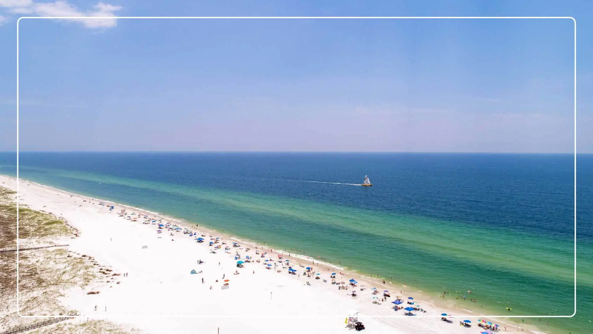 An aerial view of beachgoers enjoying the day on Gulf Shores Beach, Alabama.